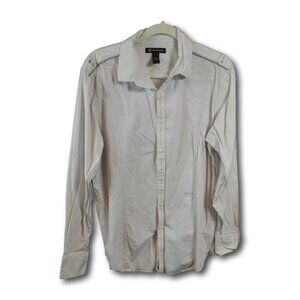 Mens INC Button Down Long Sleeve Shirt White & Grey Pinstripe Size: L